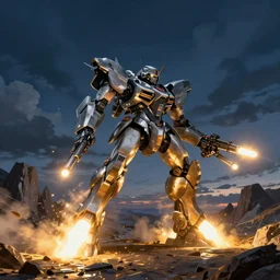 armored core v by liam wong, booster flares, legs, laser rifles, karst landscape, ; wide shot, outdoor, dark blue sky, cloud, wilderness ground, golden time, twilight ; digital painting, high contrast, dynamic backlighting, sharp edge, motion blur, photoreal, cinematic,