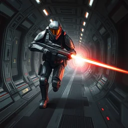 armor plated soldier carrying a plasma rifle, running through the corridor of a spacecraft, art by emmanuel shiu