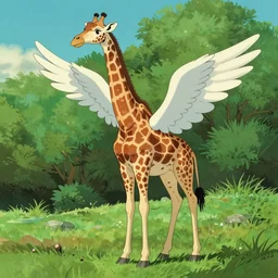 giraffe with angel wings on its back, full body shot, wings, by studio ghibli