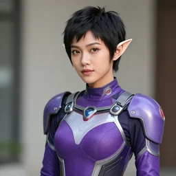 a beautiful indonesian woman with a pixie like hairdo and elf ears wears a purple futuristic armored superhero costume, photorealistic