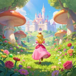 portrait of princess peach from Mario, running up a hill of exotic flowers in the Mushroom Kingdom, giant mushrooms, and roses, from behind, Castle in distance, birds in the sky, sunlight and rays of light shining through trees, beautiful, solarpunk!!!, highly detailed, digital painting by Michael Garmash and Peter Mohrbacher