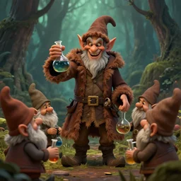 evil alchemist gnome, brown tuffle coat, evil smile, flasks in hands, giving flasks to other gnomes, dnd, forest background, matte painting, by midjourney