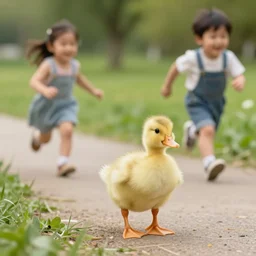 people running away from a cute duckling