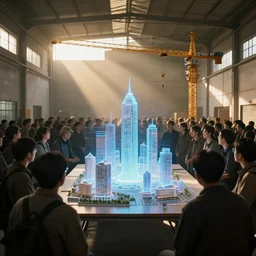 crowd of people in simple walled warehouse, looking at hologram of futuristic city on a table, cinematic concept art, godrays, golden hour, natural sunlight, 4 k, clear details, tabletop model buildings, center model buildings, hologram center, crane shot, crane shot, crane shot