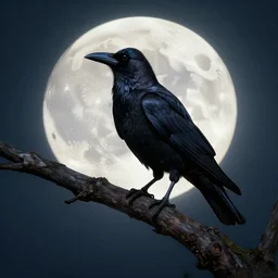 crow on tree in front of the full big moon, highly detailed, digital painting, artstation, concept art, smooth, sharp focus, illustration, Unreal Engine 5, 8K, art by artgerm and greg rutkowski and alphonse mucha