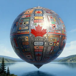 a giant ((((metallic)))) floating sphere covered in canadian colorful aboriginal patterns!! hovering above a Yukon lake, (painted by Ralph McQuarrie), matte painting, very detailed, 7000K, concept art