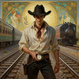 a dramatic ethereal epic symmetrical painting of a handsome villainous cowboy standing in front of railroad tracks with a train | his shirt is ripped open and he has a pocketwatch | tarot card, art deco, art nouveau, (steampunk), homoerotic | by Mark Maggiori ((((and Alphonse Mucha))) | trending on artstation