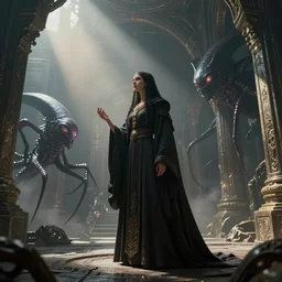 a priestess of cthulu preying to a mindflayer in an ancient temple