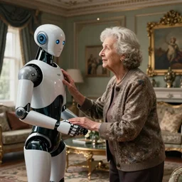 old woman helping a sleek clean humanoid assistant robot in a glamorous livingroom by Roger Deakins
