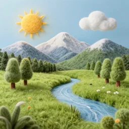 a meadow made of felted wool, wool mountains in the background, wool trees, wool river, wool sun, wool clouds, wool lighting, an award winning artwork by wakuneco, realistic, beautiful, high quality, good composition