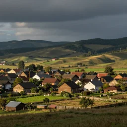 wide shot of a rural countryside village in the style of carl valente