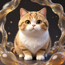 Recursive image with a well rounded Calico feline, large eyes, shiny soft fur, anatomically correct, surrounded by matte mirroring swirling wisps of jelly blobs, oil pastels and gold, in the style of albert lynch, modeled in Poser, Redshift render, UHD