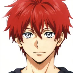 anime art, anime key visual of handsome young male, spiky red hair and large silver eyes, directed gaze, high quality artwork, portrait, drawn by tsunako.