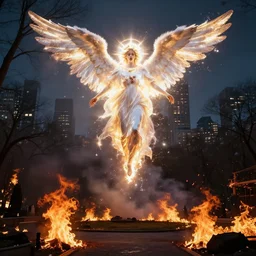 photograph of a horrific, bright, shining holy angel descending upon a city park. the park is on fire