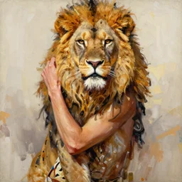 painting of a beautiful woman with the face of a lion, loosely robed in animal skins, with a strong pose, by Jeremy Mann, stylized, detailed, loose brush strokes, warm tones, vivid colors, realistic