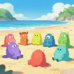 cute little monsters relaxing at the beach, fantasy, concept art, artstation, disney, pixar, dreamworks, anime, tyler edlin, feng zhu, darek zabocki, thomas karpi, eytan zana