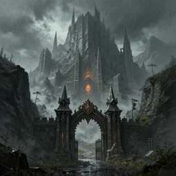 gate to a dwarven city on the side of a mountain, brutalistic style, digital painting, rainy, grimdark