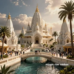 futuristic utopian paradise, canals, bridges, white marble temples, palm trees, crowds of people, by miroslav naskov, hertha hurnaus, photography, low angle, cinematic lighting,, pinterest