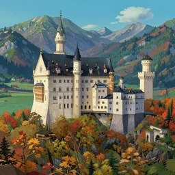 high detailed matte painting of a castle by the gorge in autumn with alpine mountains in background, hayao miyazaki, artstation