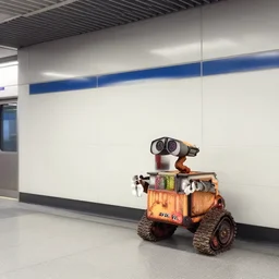 wall - e is waiting for the subway at a subway station