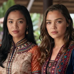 portrait of demi rose and gal gadot wearing southeast asian traditional dress, by charlotte grimm, natural light, detailed face, canon eos c 3 0 0, ƒ 1. 8, 3 5 mm, 8 k, medium - format print