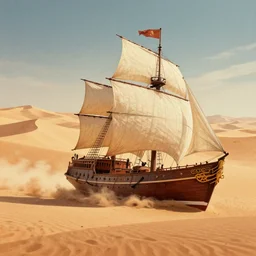clipper ship sailing through a sand desert, surrounded by sand, sand, desert, illustration, fantasy novel cover art