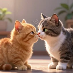 a cat kissing another cat, pixar, unrealengine, cinematic, dynamic lighting