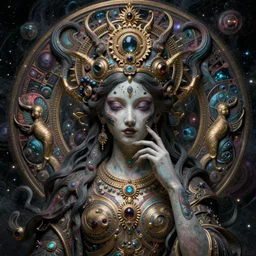 ultra realistic, awakening of the cosmic goddess, intricate details, eerie, artstation, highly detailed, 8k, art by artgerm and  greg rutkowski and alphonse mucha