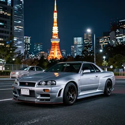 wideshot of a Nissan Skyline R34 GTR in tokyo at night, highly detailed, 4k photo, shot with sony alpha