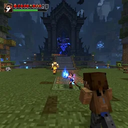 gameplay screenshot of the game dark souls in the style of minecraft, a dark souls final boss battle in anor londo in the style of minecraft, unreal engine, raytracing and volumetric lighting, highly detailed
