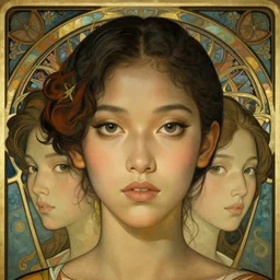 an art nouveau, ( streamline moderne ), multi - racial portrait in the style of chanthara. very large, clear, expressive, and intelligent eyes. centered, ultrasharp focus, dramatic lighting, photorealistic digital matte painting, intricate symmetrical ultra detailed background.