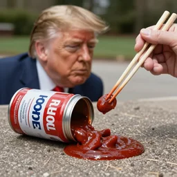 donald trump eating hormel chili that spilled on the ground with chopsticks, 4k, highly detailed