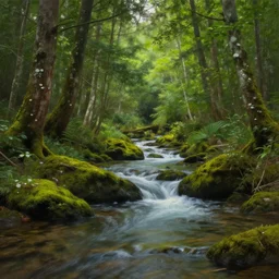 realist landscape painting of a lush forest with flowing streams and mossy ground, digital art
