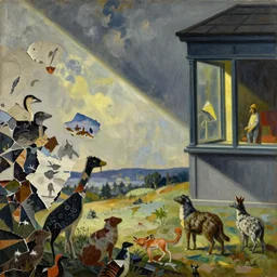 the singularity with creatures by shaun tan, detailed, intricate, torn paper decollage, oil on canvas by edward hopper, ( by mattias adolfsson ), by moebius