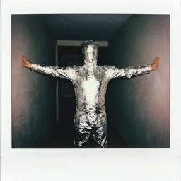 polaroid, man wrapped in aluminum foil, arms outstretched, dimly lit hallway
