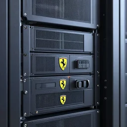 a closeup photorealistic photograph of a ferarri themed server rack in a data center. tech theme. bright scene. fine detail. this 4 k hd image is trending on artstation, featured on behance, well - rendered, extra crisp, features intricate detail, epic composition and the style of unreal engine.