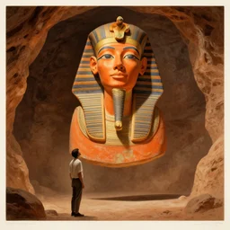 a man looking up at a giant nefertiti bust inside a cave, the bust is floating in the air, the bust fully colored in orange, her eyes are closed, rule of thirds, megalophobia, a vision, print by j. j. grandville