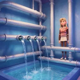 art by filip hodas, pixar, and artgerm. level design many pipes from which clean water flows. clean, neat, indoor, advertising, entertainments, inside, interior.