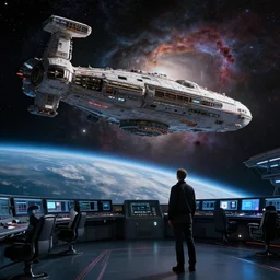 man standing on the command bridge of a massive spaceship, looking at the planet below, in a nebula, photorealistic, tons of stars, cybrogs on computers in the background