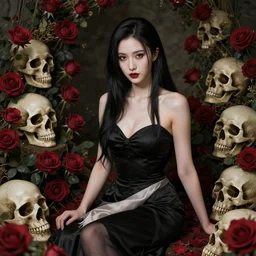 an elegant lady sitting surrounded by skulls in a garden full of roses, final fantasy, cushart krenz, cushart krenz, very detailed, realistic face, detailed face, matte, tonemapping, perfection, 4 k,