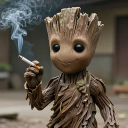 Groot smoking a cigarette, award winning photograph, sharp focus, narrow depth of field