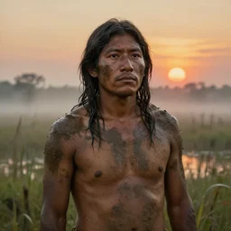 masterpiece painting of a portrait of a native incan man covered in mud, sunset in a foggy swamp, by greg rutkowski and noah bradley, trending on artstation
