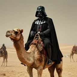 a film portrait still of darth vader rides a camel in the desert, gritty cyberpunk atmosphere. realism, cinematic lighting, beautiful gothic fantasy photorealistic, 4 k. 8 mm. grainy. panavision.