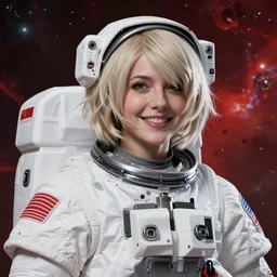 highly detailed portrait of a hopeful pretty astronaut lady with a wavy blonde hair, by Brian Kesinger, 4k resolution, nier:automata inspired, bravely default inspired, vibrant but dreary but upflifting red, black and white color scheme!!! ((Space nebula background))