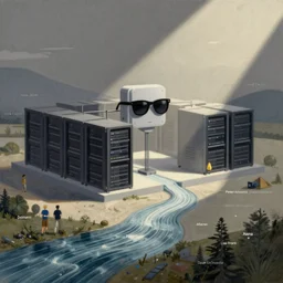 illustration of a data-center architecture or schema, security agent with sunglasses, datastream or river, painting by Jules Julien, Leslie David and Lisa Frank and Peter Mohrbacher and Alena Aenami and Dave LaChapelle muted colors with minimalism