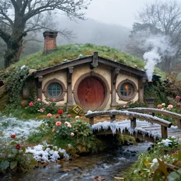 hobbit in medieval hobbit house, ornate, beautiful, atmosphere, vibe, mist, smoke, fire, chimney, rain, wet, pristine, puddles, melting, dripping, snow, creek, lush, ice, bridge, forest, roses, flowers, by stanley artgerm lau, greg rutkowski, thomas kindkade, alphonse mucha, loish, norman rockwell