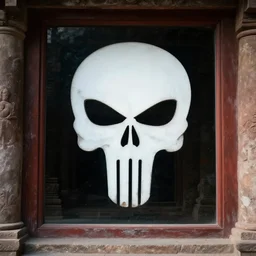 from outside looking within the dimly lit ancient temple, punisher symbol in the form of a detailed tile floor mosaic in the form of punisher symbol in spotlight