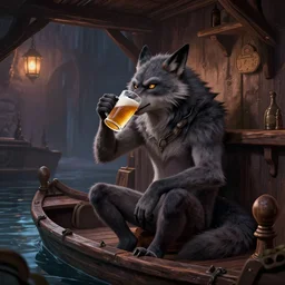 A werewolf sits at a barge and drinks beer, the interior of a fantasy-style inn, 8k resolution, in style of Steve Argyle and John Avon, digital artwork