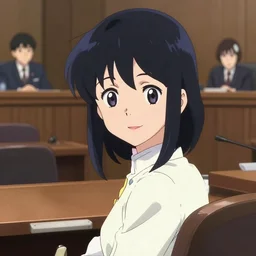 A beautiful smiling anime girl with black hair and hime cut being questioned by the Senate Watergate Committee (1973), anime key visual, digital art, anime screenshot, kyoto animation, makoto shinkai, trending on artstation