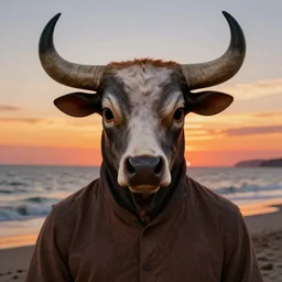 human wearing a bull mask, digital art, sunset, sharp focus, classical painting, beach, vivid color